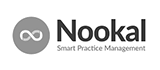 Logo of Nookal with a gray circular icon featuring an infinity symbol. The text reads "Nookal Smart Practice Management.