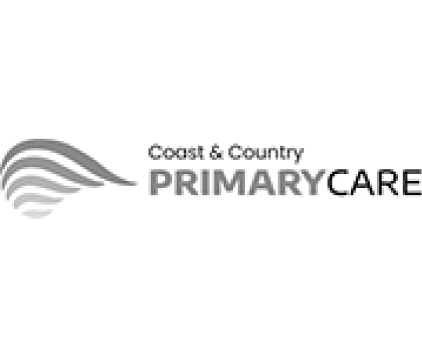 Logo of Coast & Country Primary Care featuring stylized wave-like lines on the left and the organization's name in bold text on the right. The image is black and white.