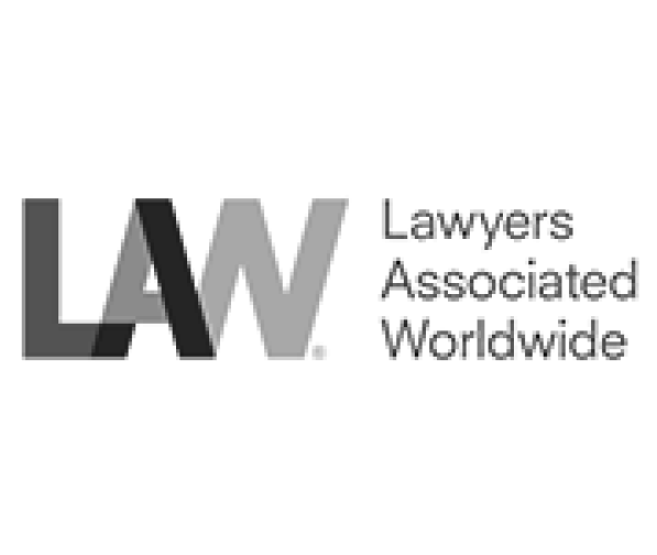Logo with large letters "LAW" in varying shades of gray, followed by the text "Lawyers Associated Worldwide" on the right. The design is simple and modern.