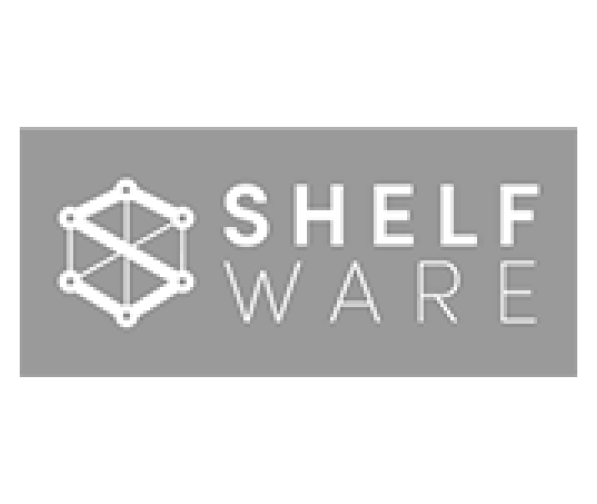 Gray logo featuring a geometric hexagonal design to the left, with the text "SHELF WARE" in bold white letters on the right.