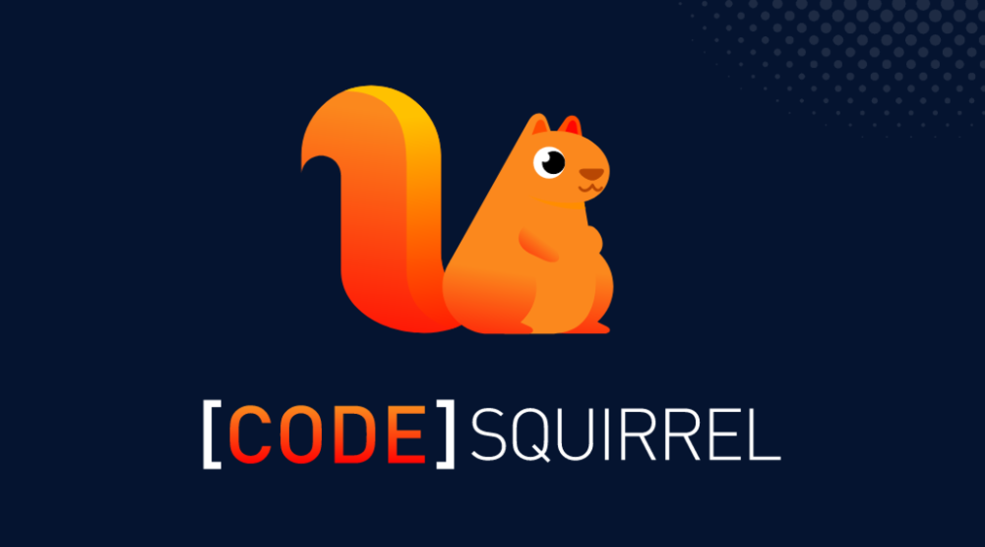 Illustration of an orange squirrel sitting on a dark blue background. Below the squirrel, text reads "[CODE] SQUIRREL" in white and orange. A dotted pattern appears in the top right corner.