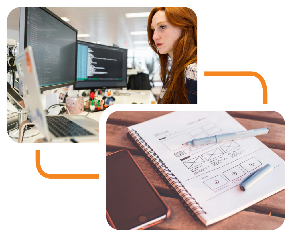 A woman focuses on code displayed on dual monitors at her desk. Below, a notebook with web design sketches and a smartphone are on a wooden surface, suggesting a design and development workspace.
