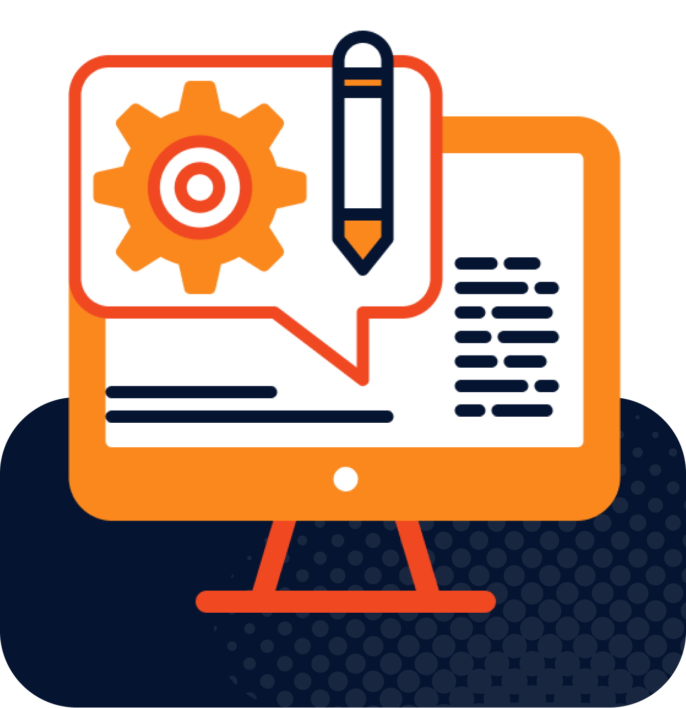 Illustration of an orange monitor displaying documents. A speech bubble with a gear and a pencil rests on the screen, suggesting editing or settings. The background is dark with a pattern of dots.