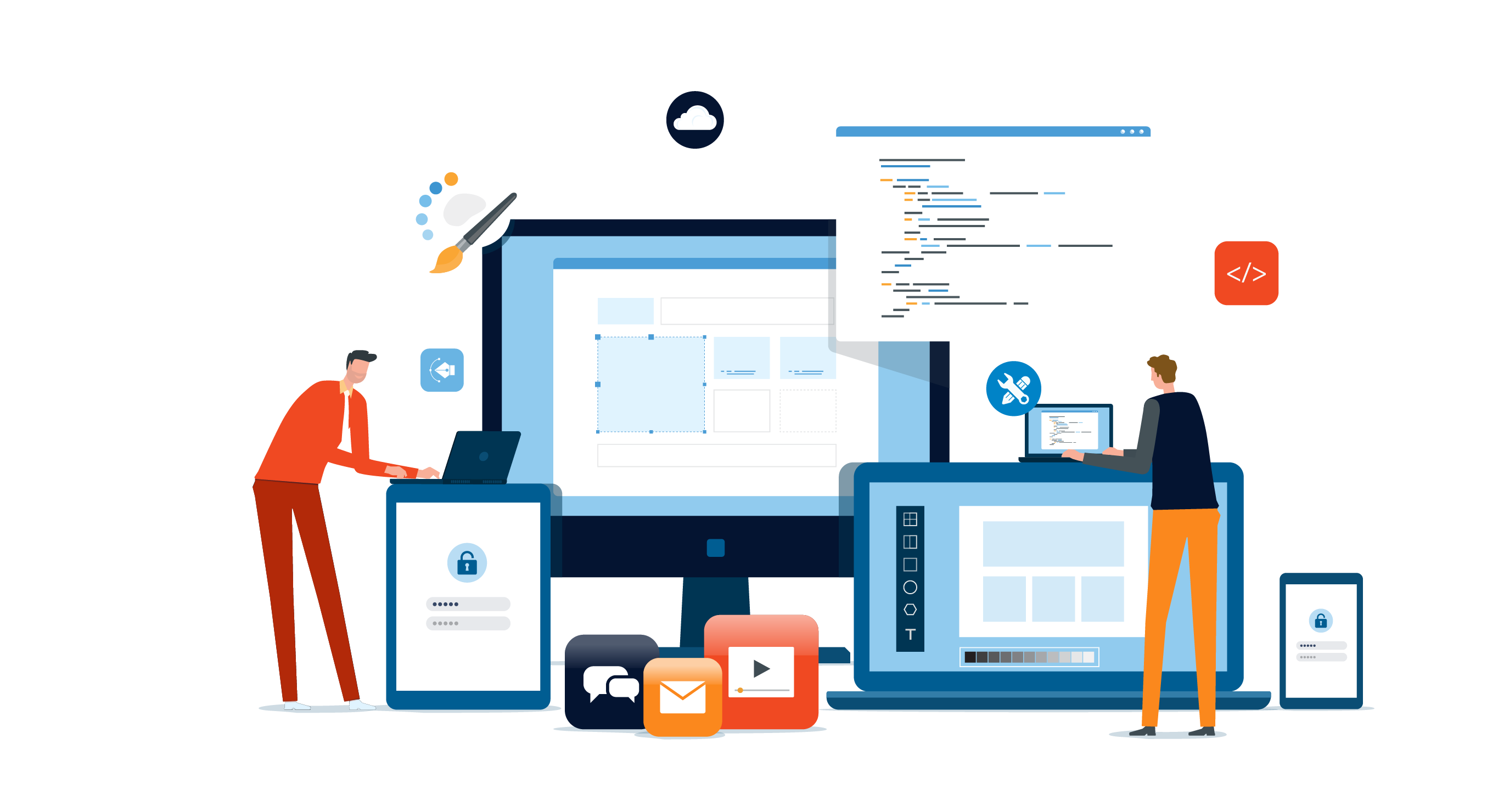 Illustration depicting two people interacting with large screens displaying code and digital interfaces. Various app icons and design tools are scattered around, symbolizing software development and design collaboration.