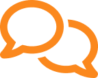 Two overlapping orange speech bubbles pointing in opposite directions, symbolizing communication or conversation. The background is transparent.