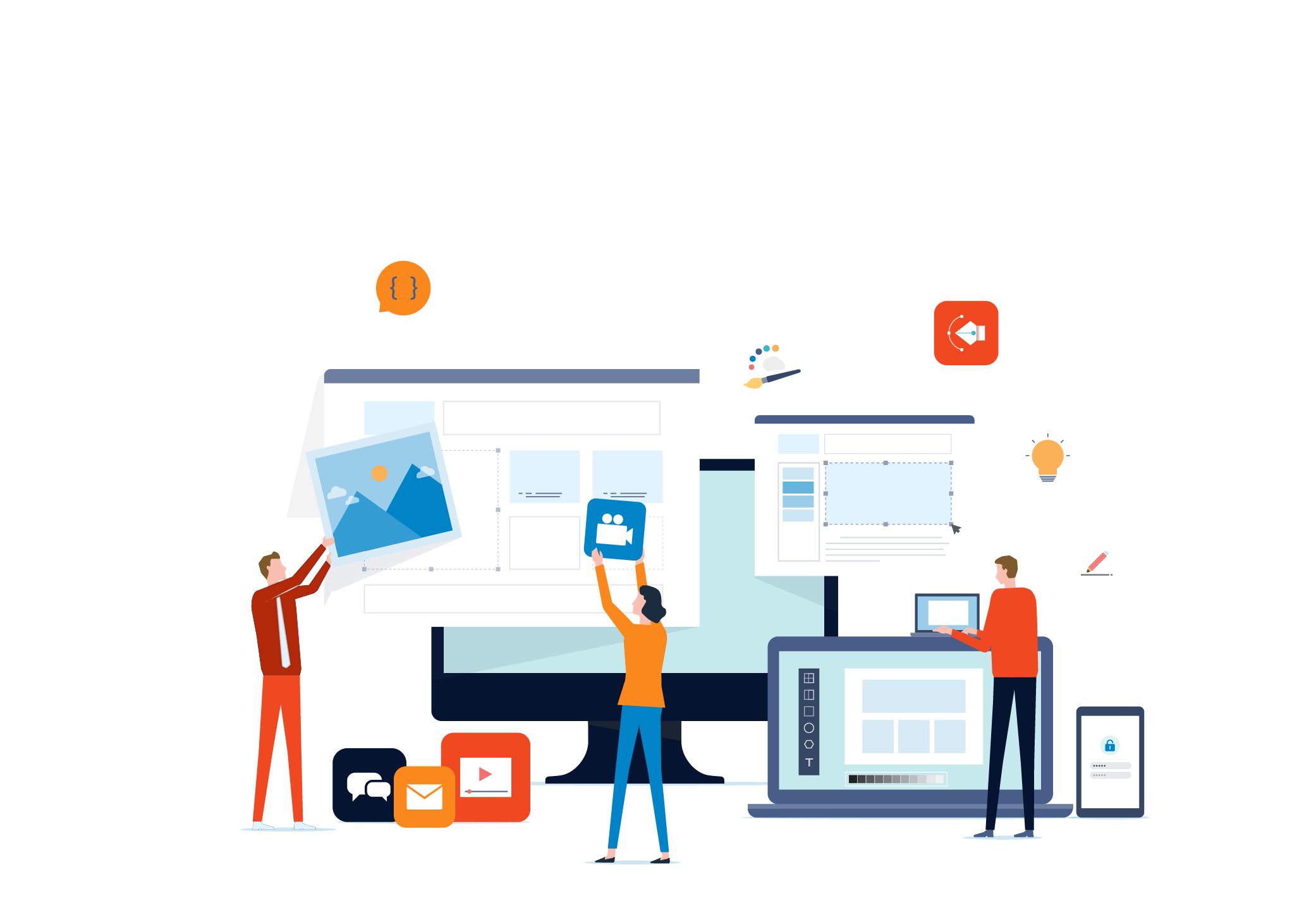 Illustration of three people collaborating on digital content creation, involving large computer screens and various tools. Icons for images, emails, and design elements float around, symbolizing teamwork and creativity in a tech environment.