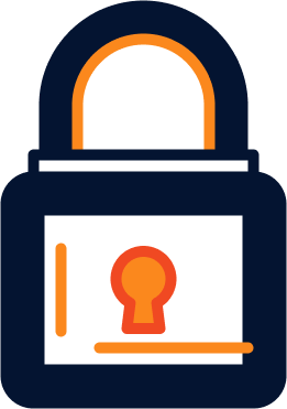 Illustration of a padlock with a dark blue body and orange shackle. The rectangular lock body has a white front with an orange keyhole symbol. The design is simple and stylized, often used to represent security or privacy.