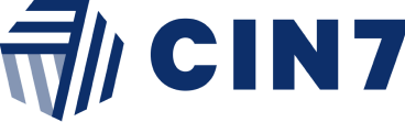 Bold navy logo for CIN7 with stylized geometric graphic on the left.