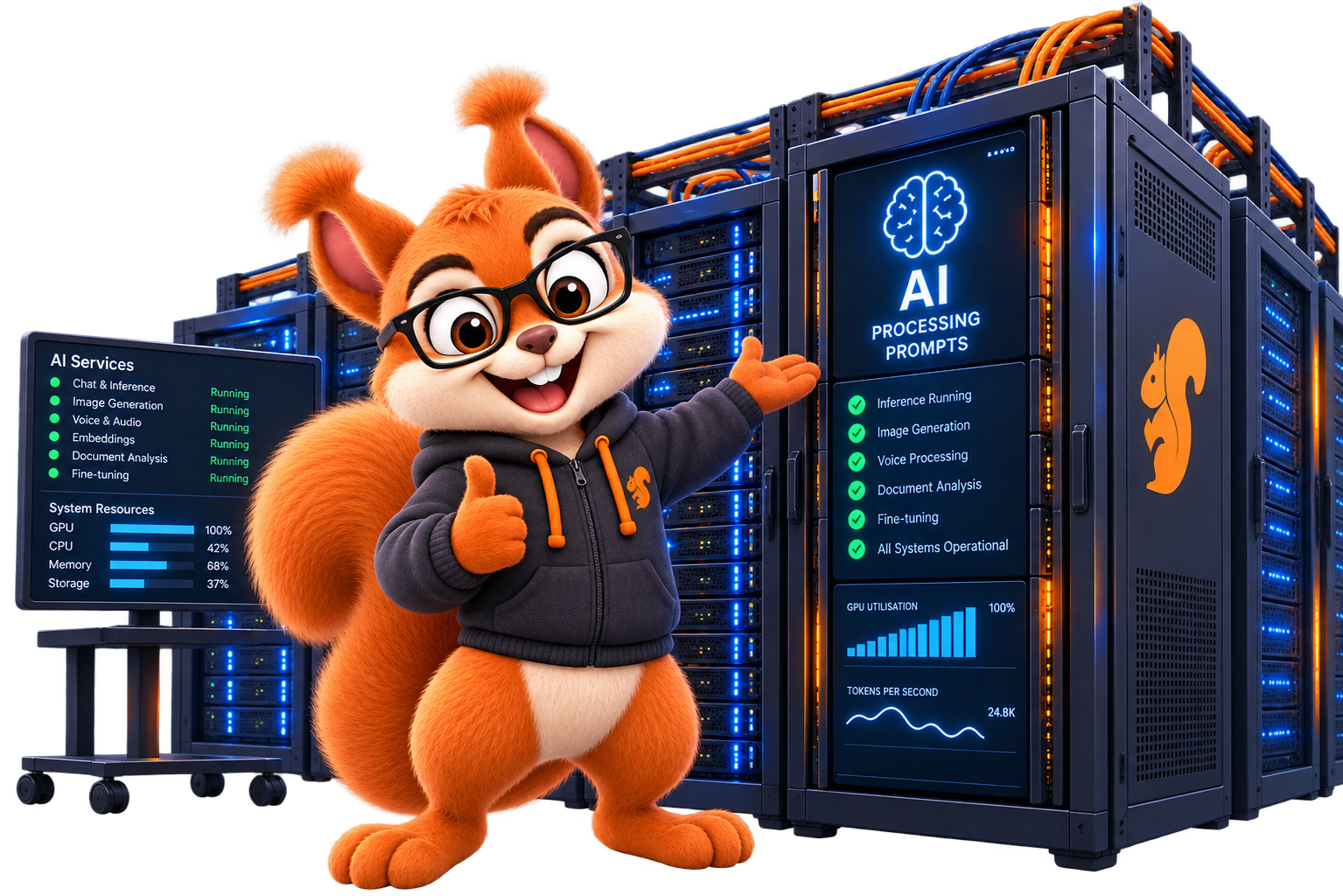 Code Squirrel mascot beside Squirrel AI servers in an Australian data centre