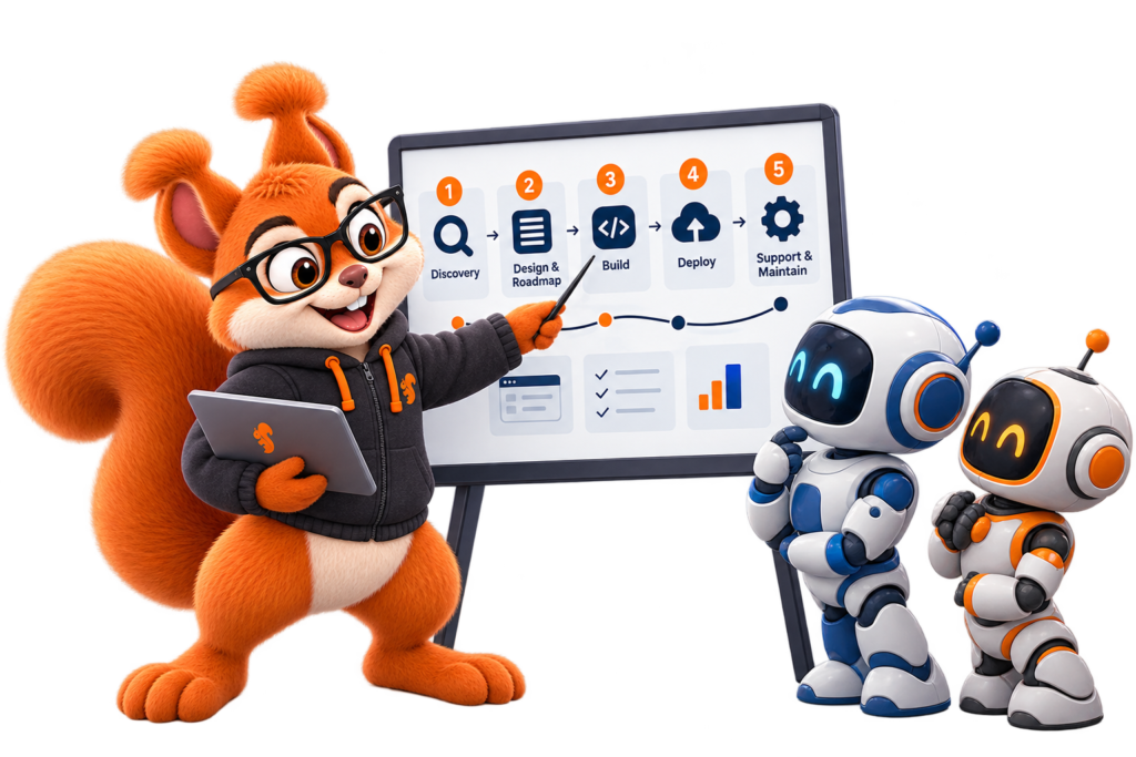 Code Squirrel mascot mapping an AI workflow on a whiteboard for a team of agent robots