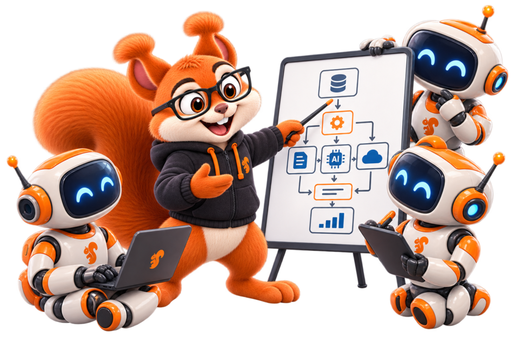 Code Squirrel mascot high-fiving a friendly AI agent robot