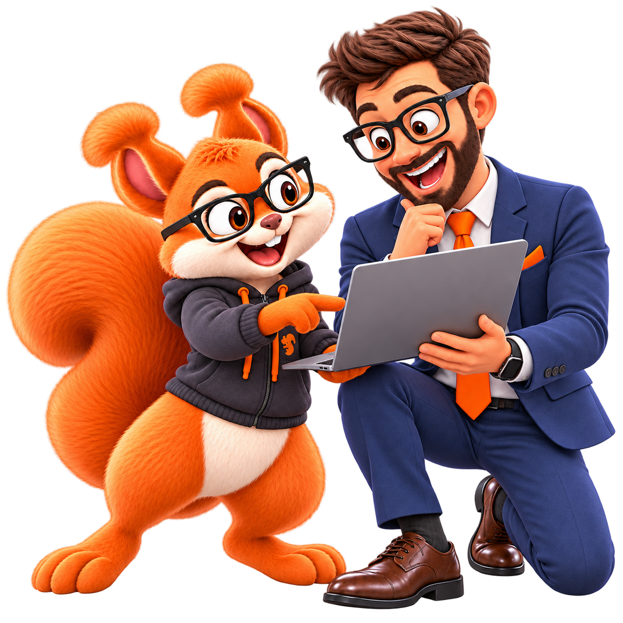 Code Squirrel mascot showing a staff member something on a laptop